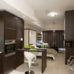 Muebles oscuros en un apartamento tipo estudio.