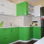 Cocina blanco-verde con electrodomésticos integrados.