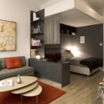 Zonificación del dormitorio y salón con cortinas.