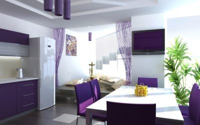 La combinación de colores en el interior de la cocina.