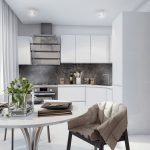 La combinación de muebles blancos y un delantal gris.