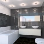 Azulejos grises en el baño.